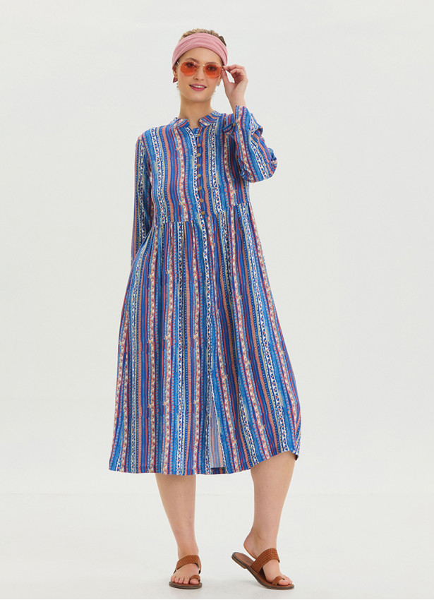 Blue Long Sleeve Dress with Crew Neck Button Detail 4443